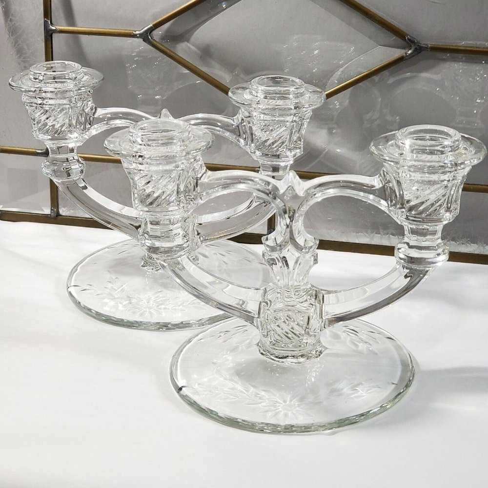 Set Indiana Glass 2 Arm Candlestick #370 etched floral daisy base candleholders